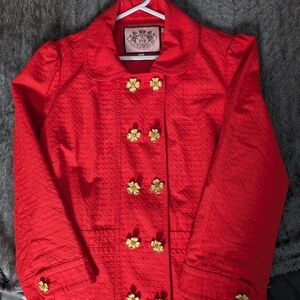 Juicy Couture Red Double-Breasted Pea Coat with Gold Floral Buttons